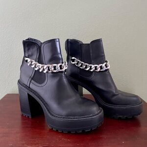 Black Chunky Heel Ankle Boots with Silver Chain